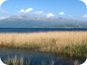 Mali i Thatë, seen from Lake Ohrid. The highest point of the range, which is in Albania, is under the cloud, right from the center of the image.